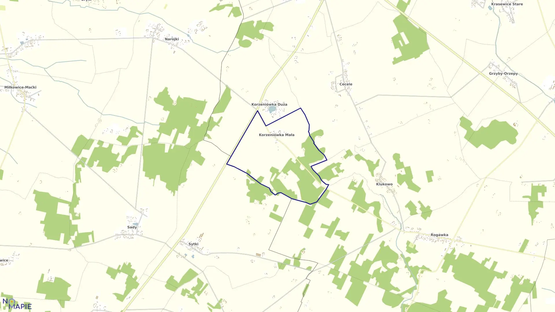 Mapa obrębu KORZENIÓWKA MAŁA w gminie Siemiatycze